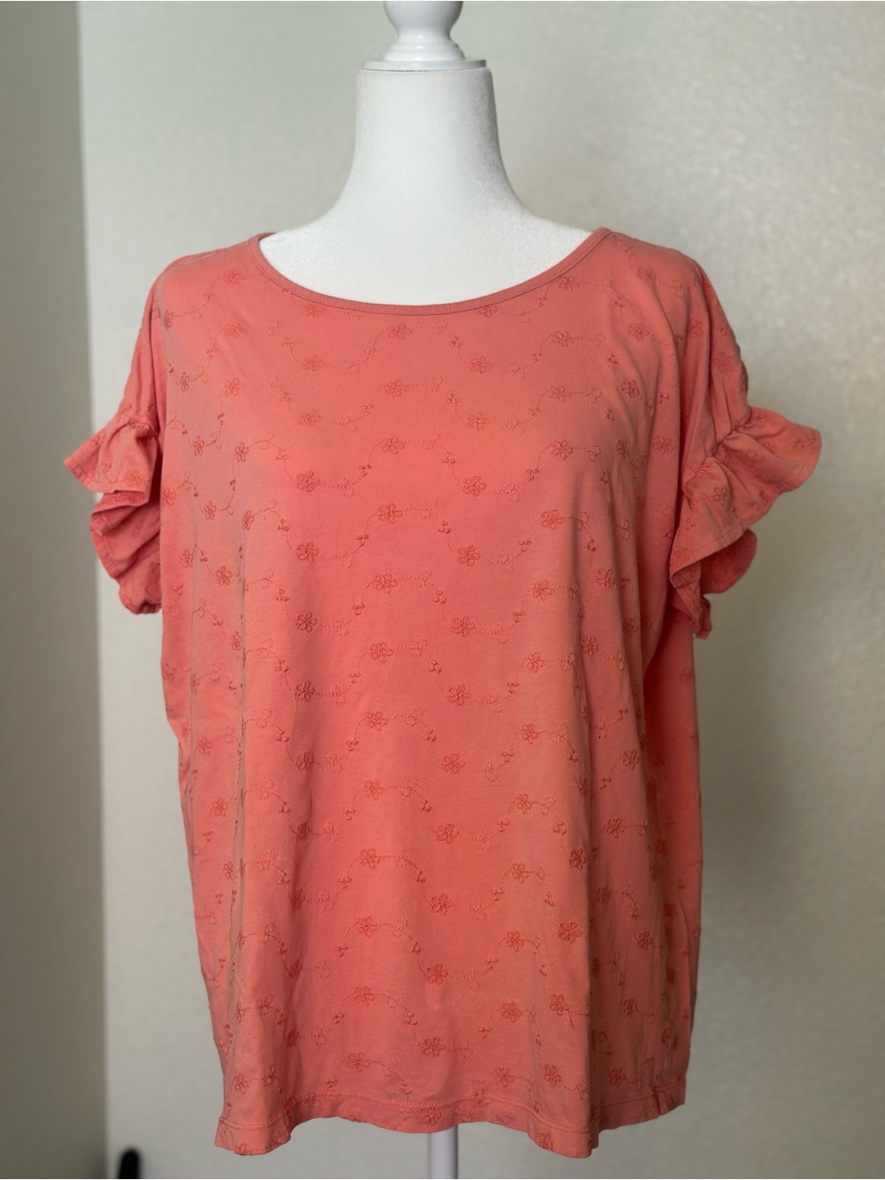 St. John's Bay Coral Peach Floral Embroidered Ruffle Sleeve Top Cotton XL